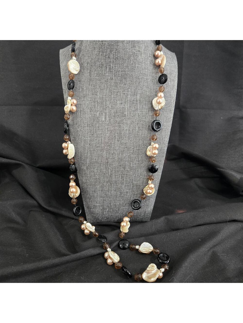 Cookie Lee Beaded Necklace Faux Pearl Shell Brown Ebony Abalone Boho Long